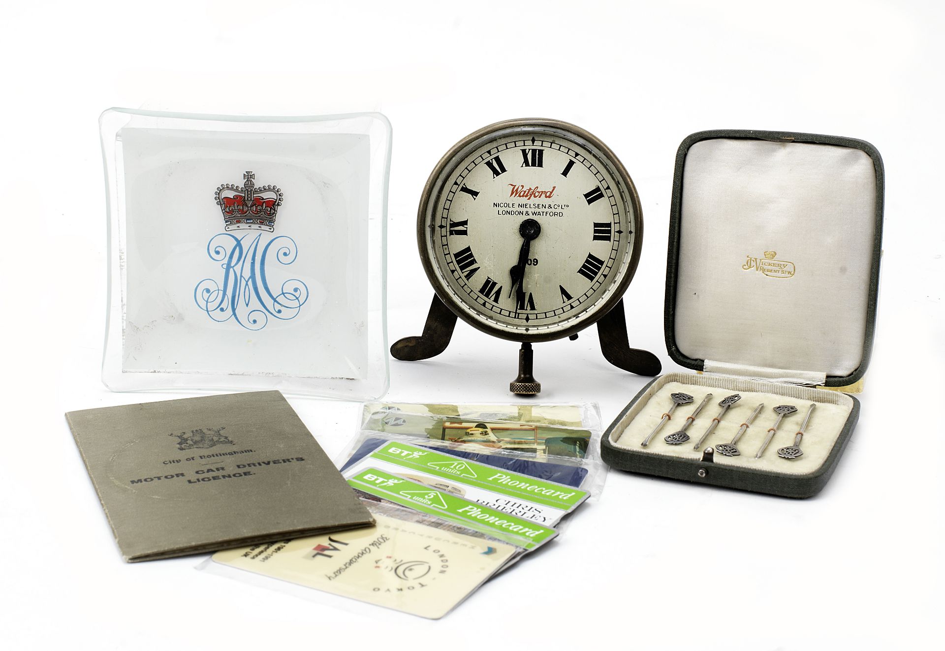 Assorted motoring collectables including an Edwardian Watford clock, ((Qty))