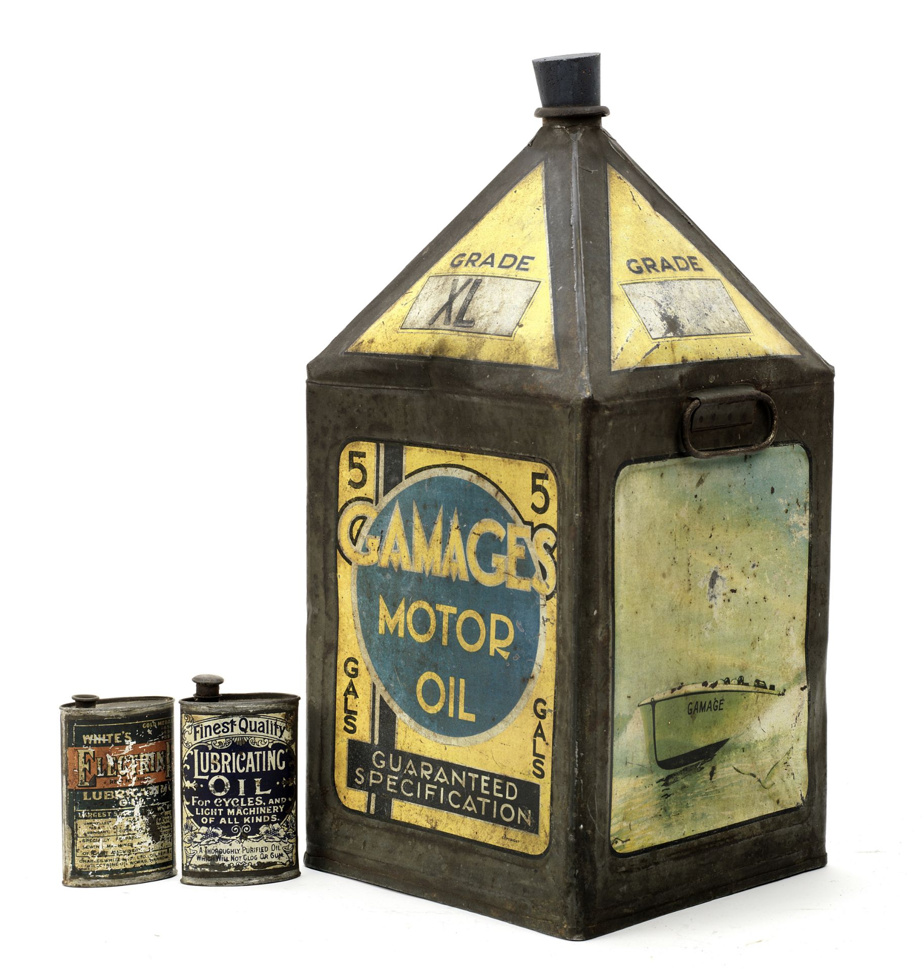 A Gamages Motor Oil 5 gallon can, circa 1930, ((3))