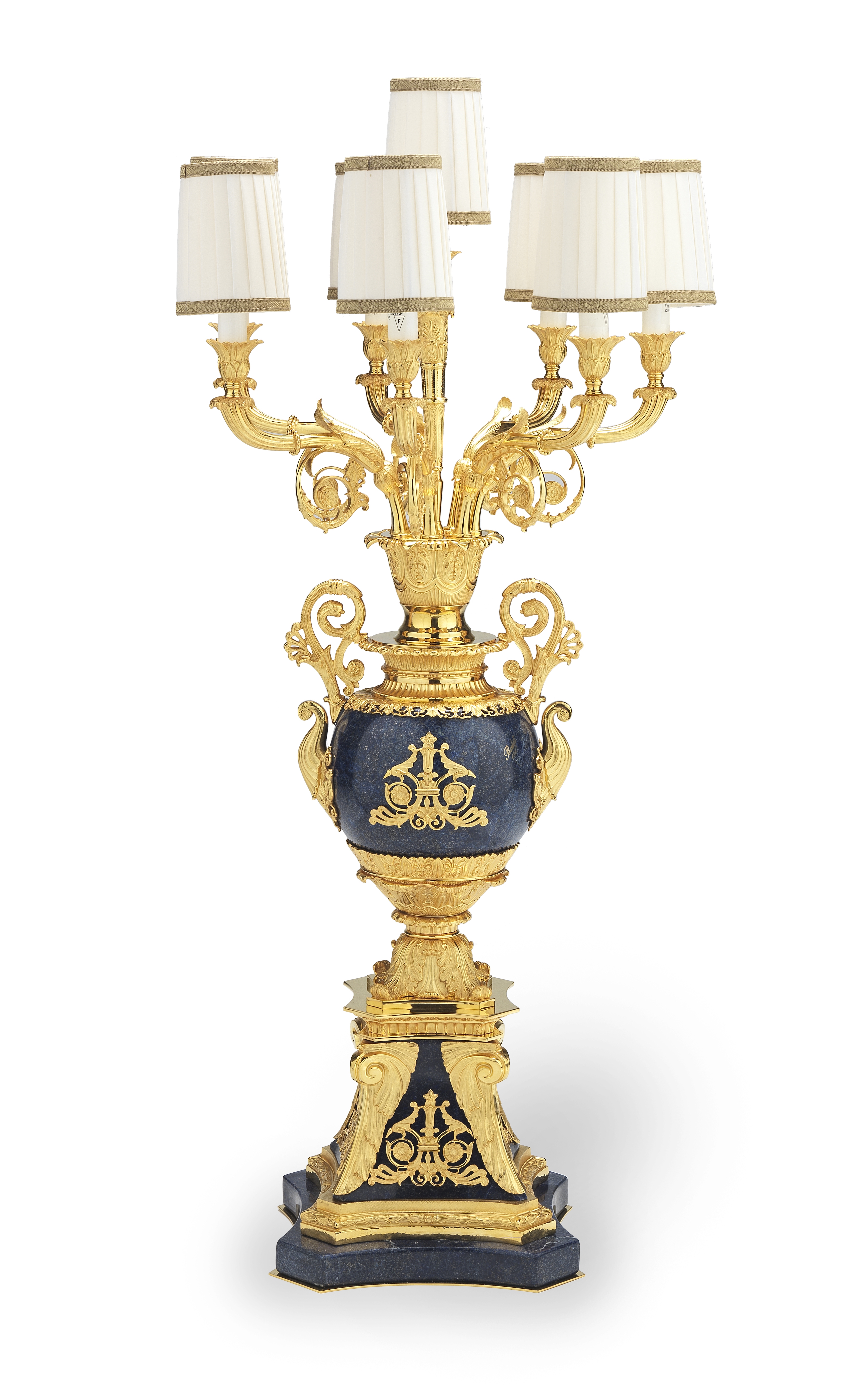 An impressive Italian, gilt bronze and lapis lazuli eight light candelabrum in the Neo Classical...