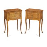 A pair of French late 19th/early 20th century tulipwood and purplewood banded petit commodes (2)