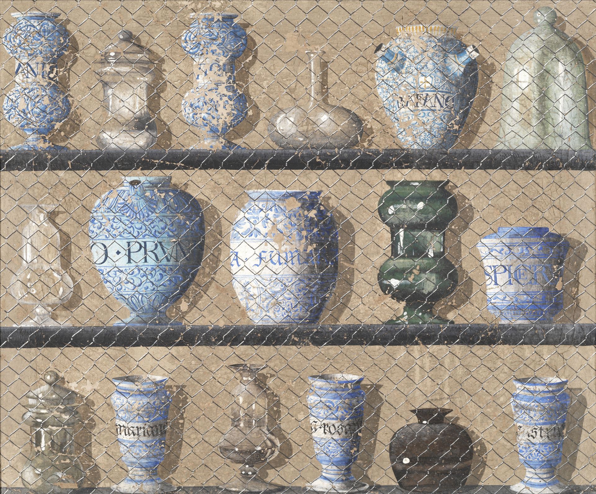 Continental School, 20th Century Ceramics and glassware in a cabinet