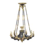 An early 20th century gilt and patinated bronze ten light colza style chandelier in the Empire style