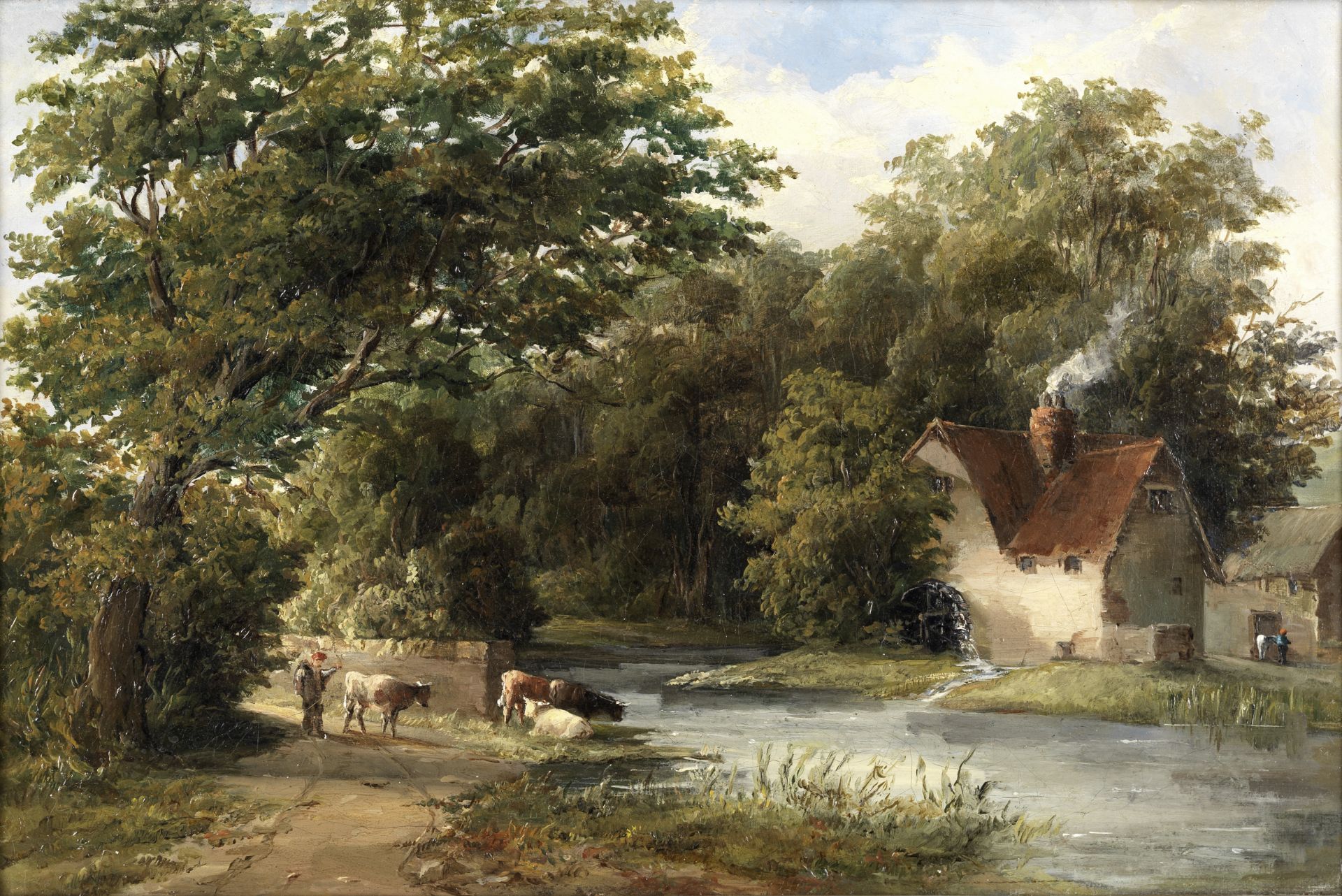 Attributed to Alfred Vickers Snr. (British, 1786-1868) Cattle watering at the mill pond