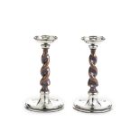 A pair of silver and wood candlesticks Albert Edward Jones, Birmingham 1920