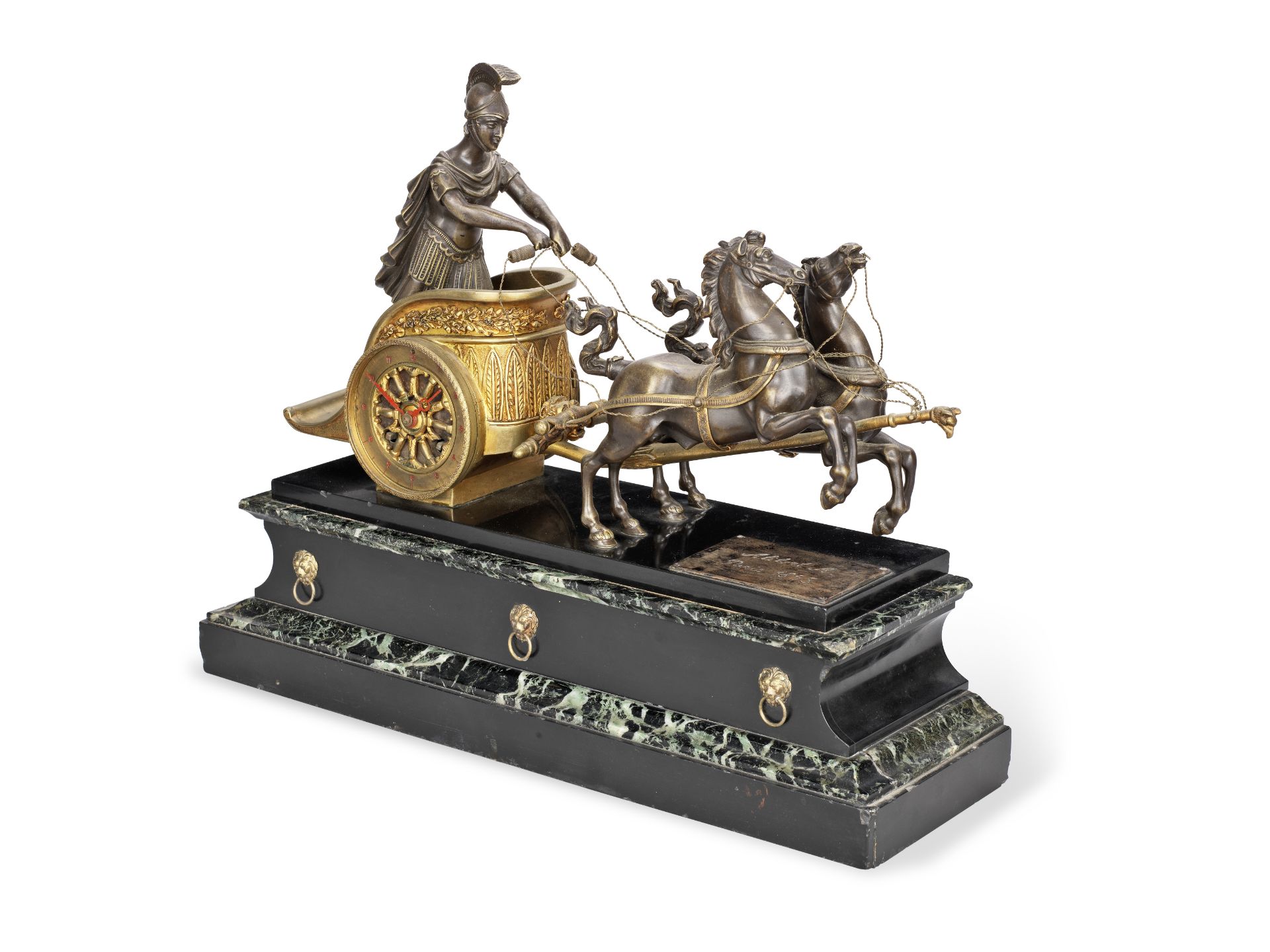 A late 19th century French bronze and marble mantel figural clock the movement stamped Vincenti
