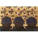 Studio of Miguel Canals (20th Century) Birds with baskets of fruit on a gold background unframed