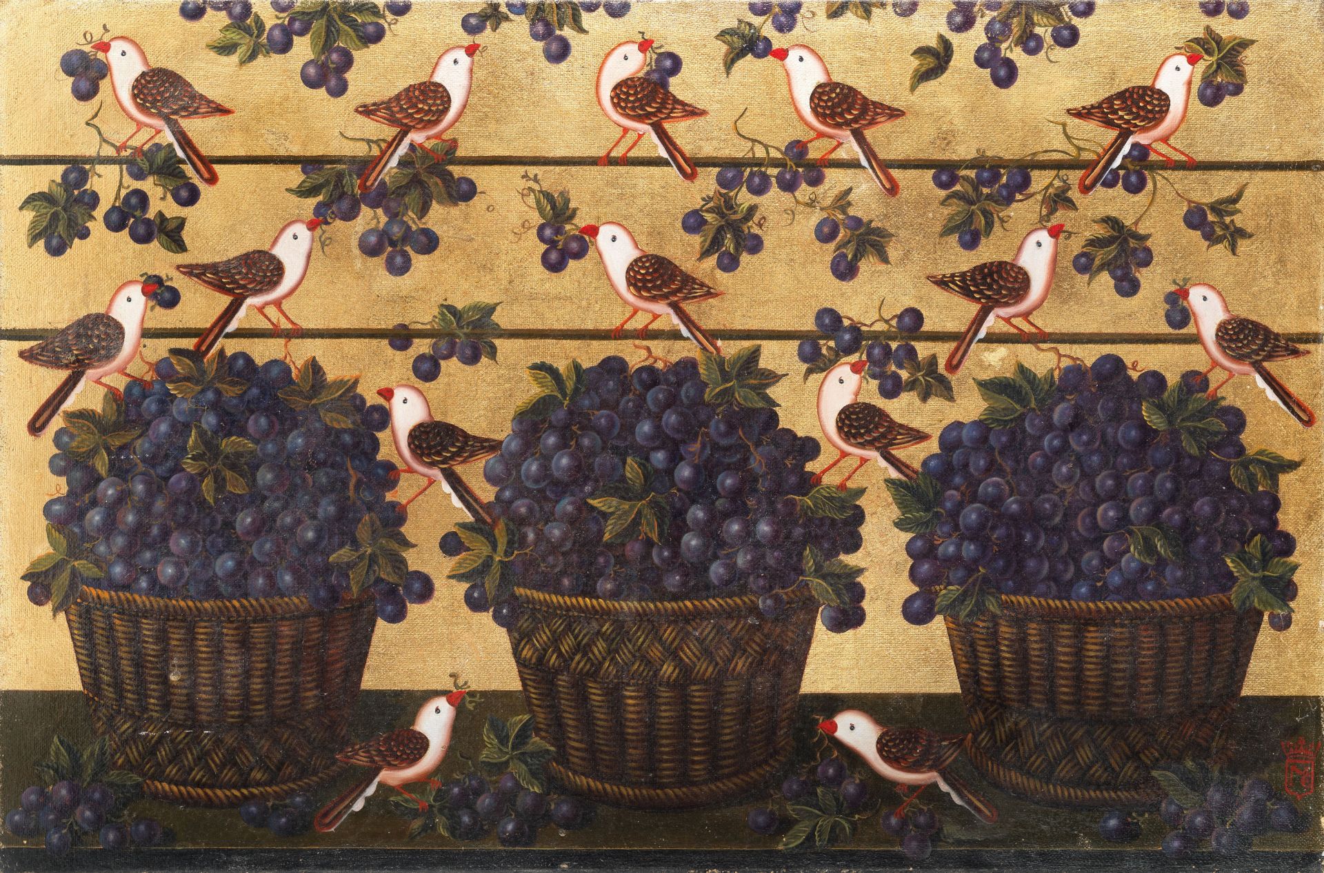 Studio of Miguel Canals (20th Century) Birds with baskets of fruit on a gold background unframed