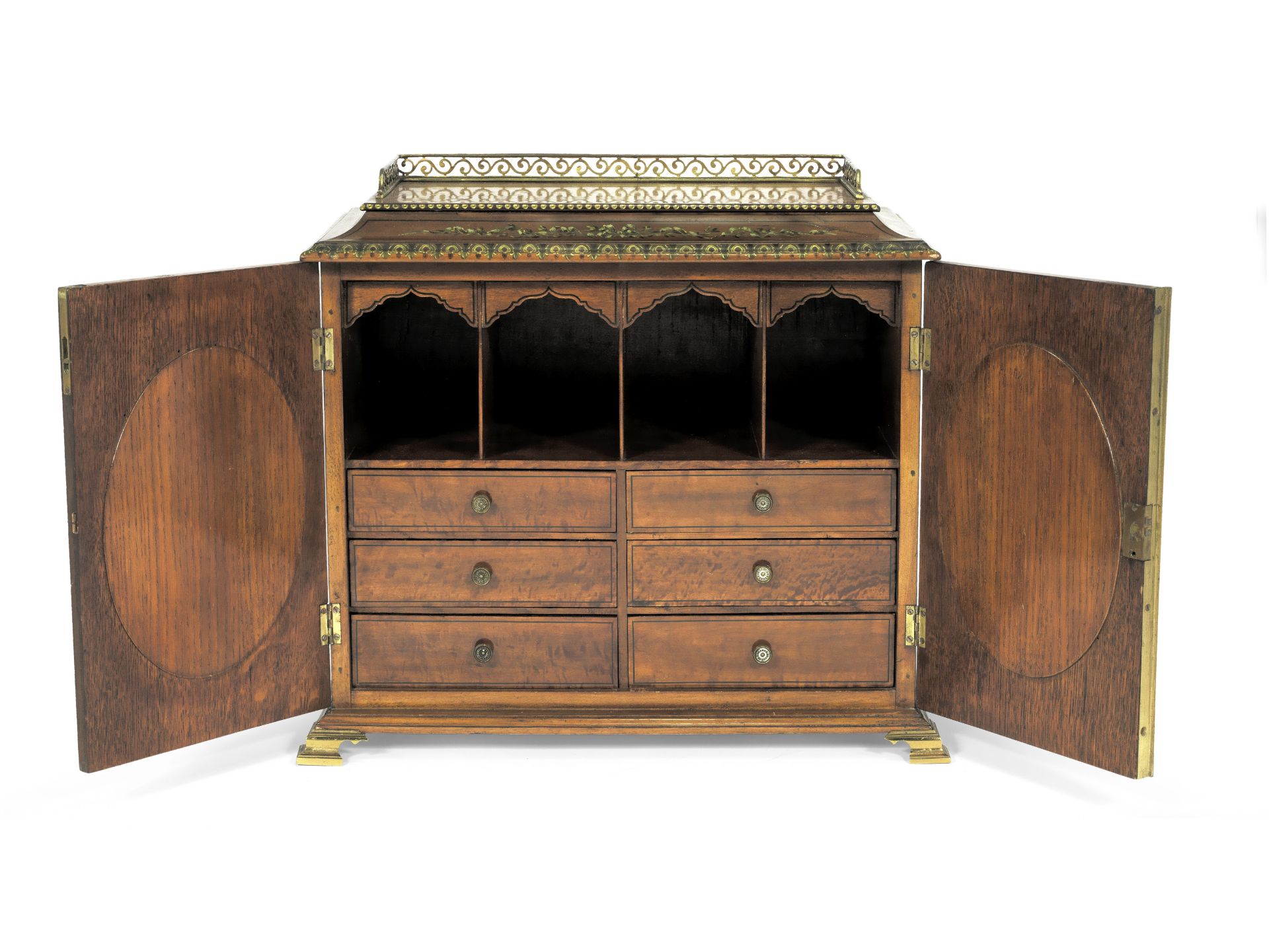 A good late 19th century Sheraton revival painted satinwood, inset silk needlework and gilt brass...