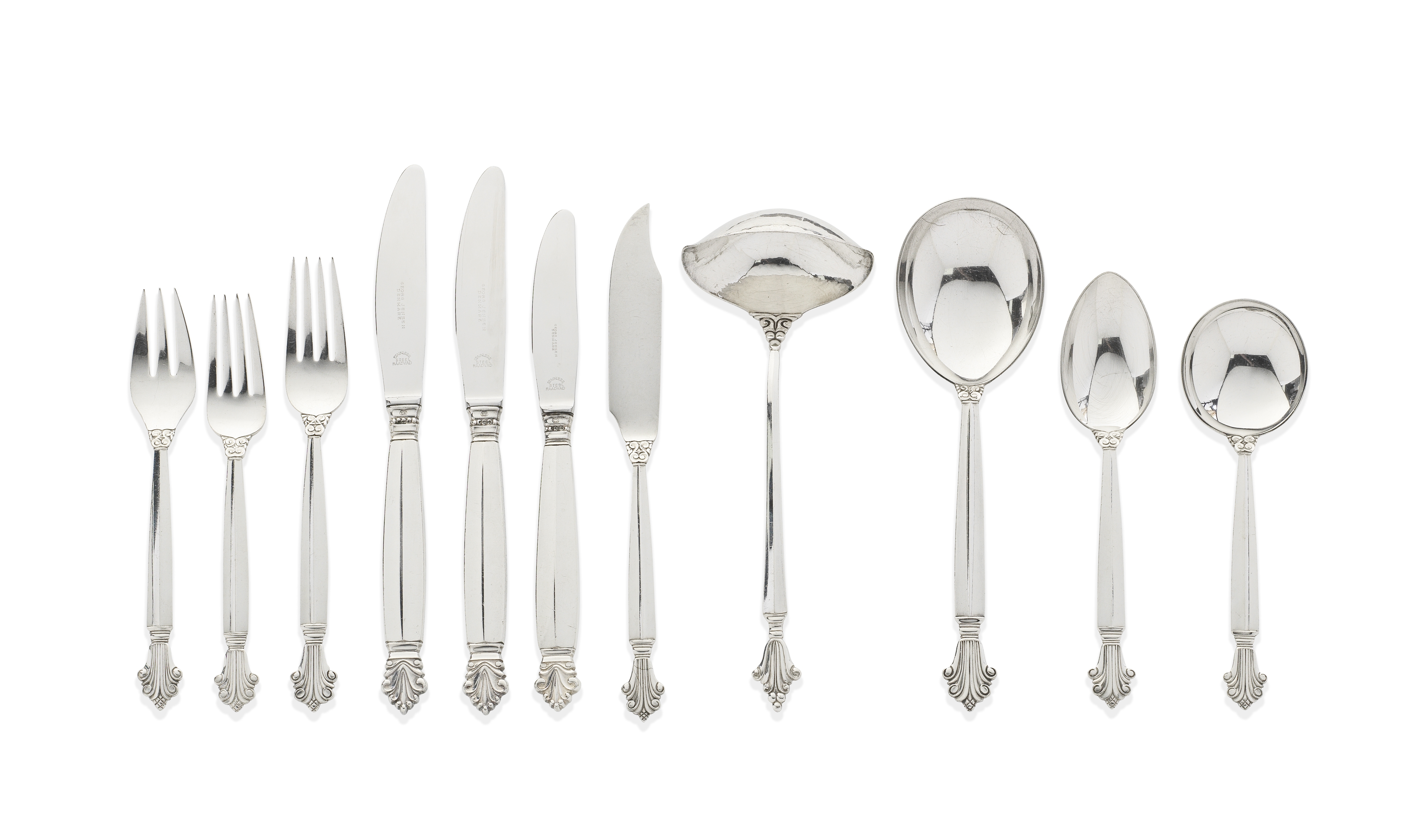 GEORG JENSEN: an Acanthus pattern silver flatware service with London import marks for 1953 - 1960