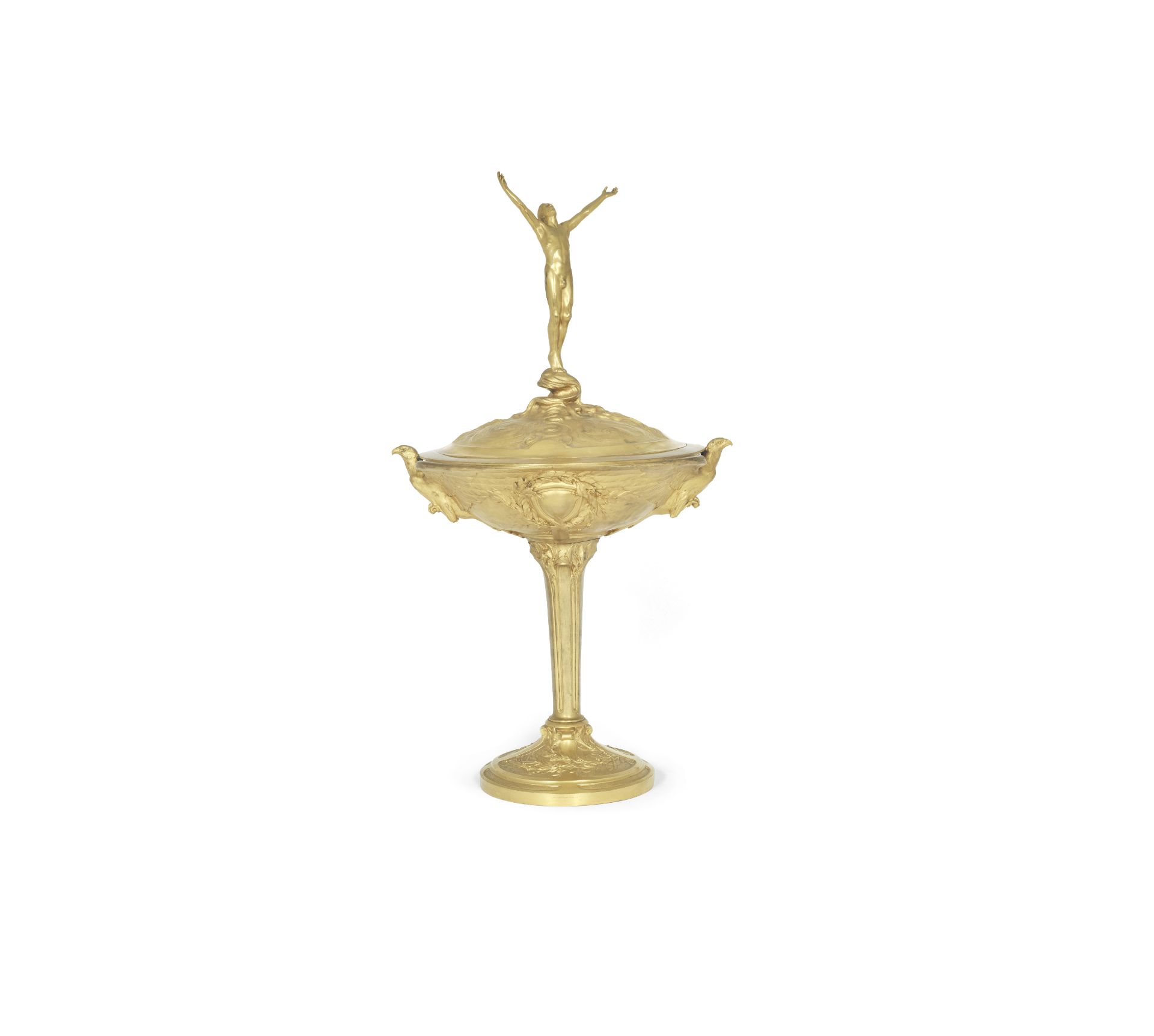 An early 20th century Charles Christofle & Cie gilt bronze presentation figural cup and cover sig...