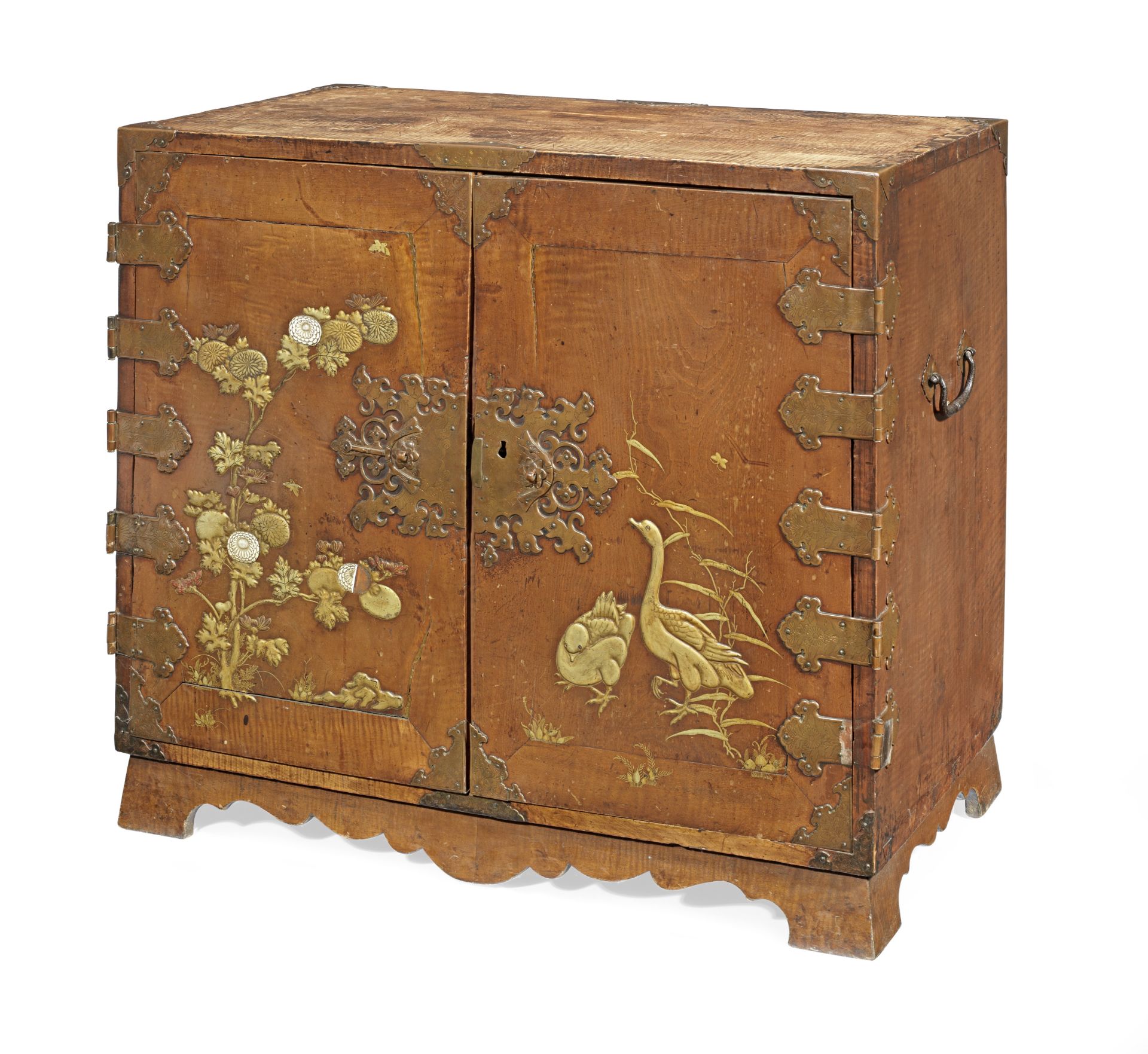 A Japanese export late 17th/early 18th century copper mounted and ivory inset part-lacquered camp...