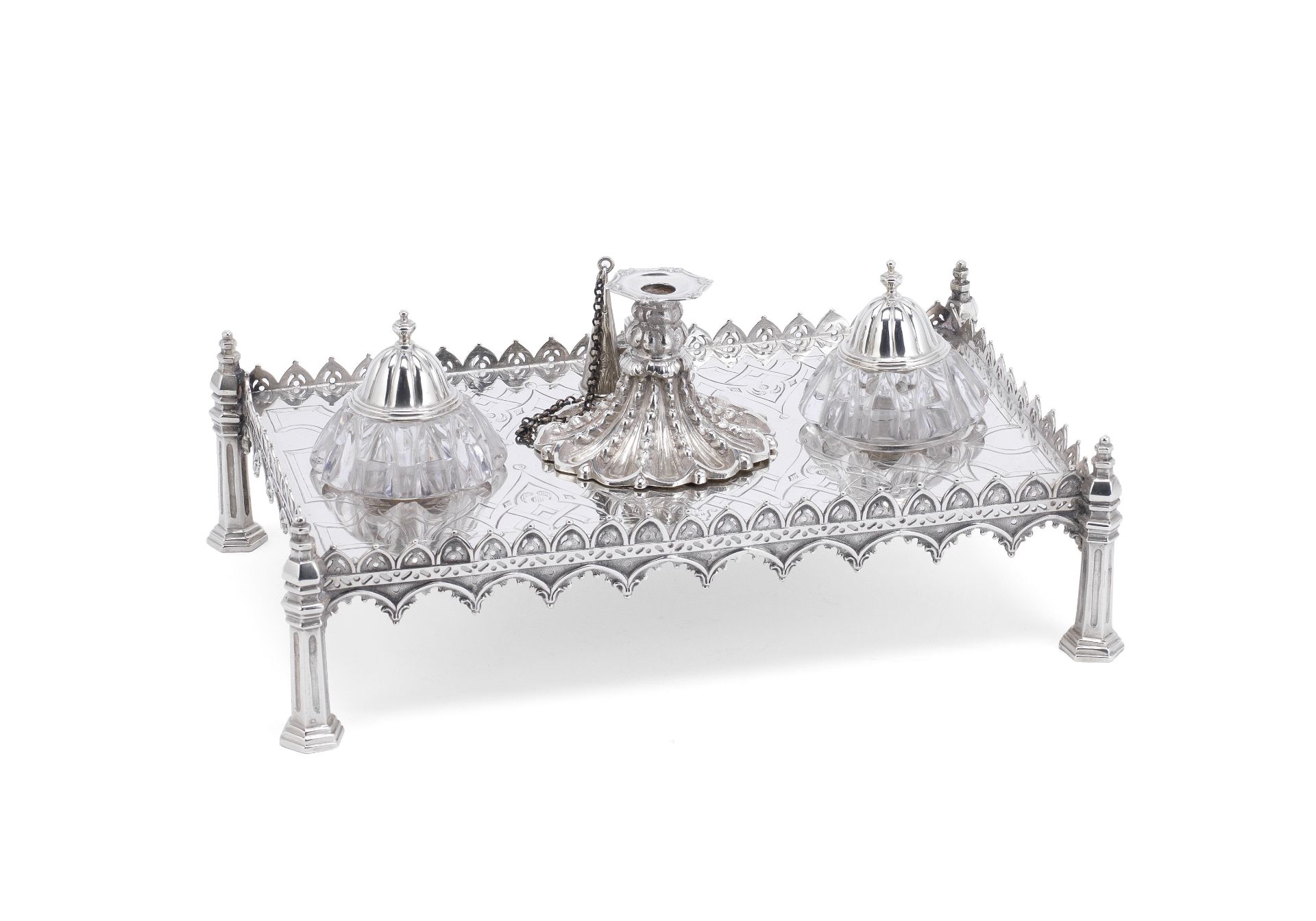 A Victorian Gothic style silver inkstand Joseph Angell I & Joseph Angell II, London 1843