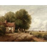 Attributed to David Cox Snr. O.W.S. (British, 1783-1859) Landscape with figures walking past a co...