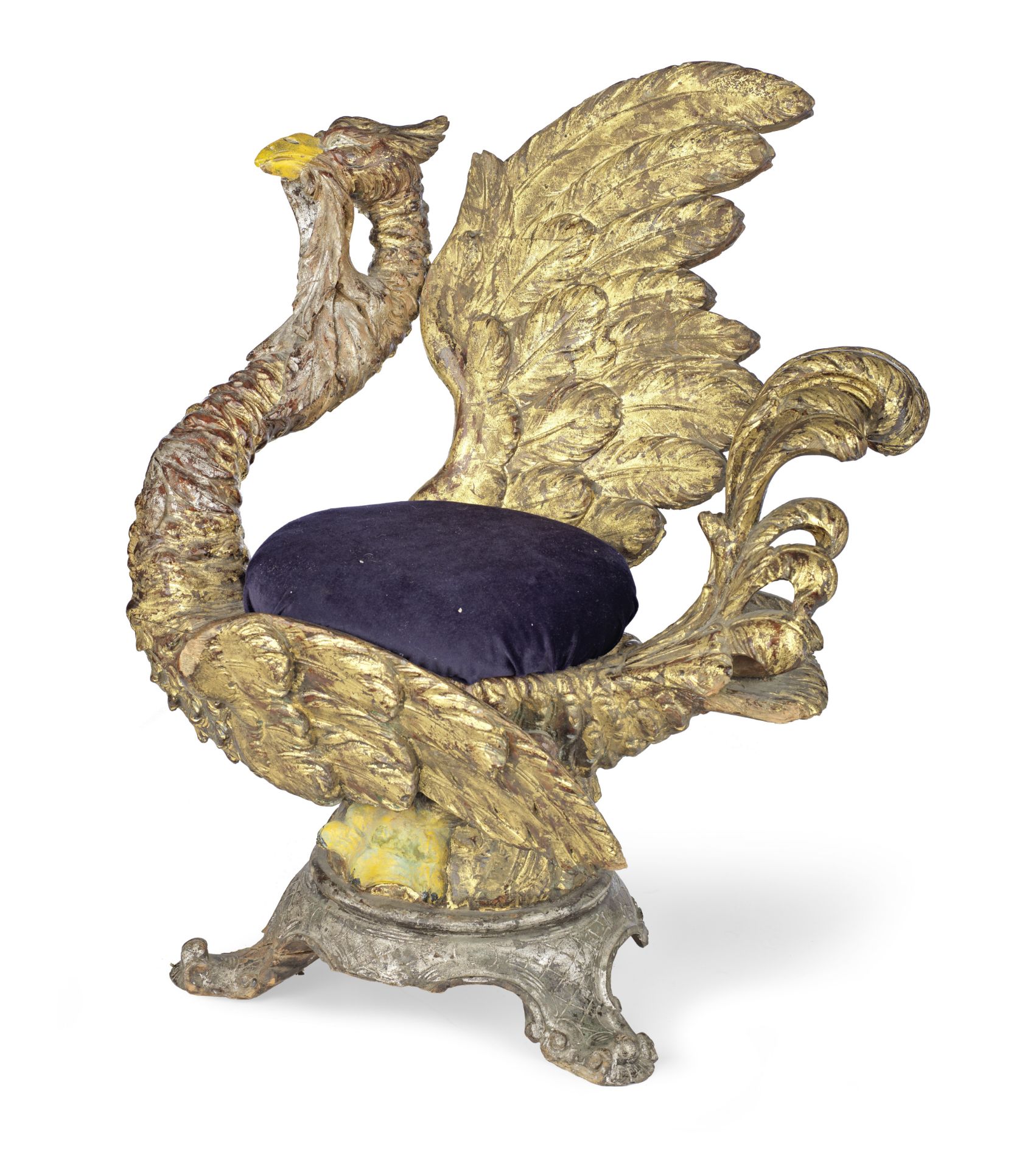 An Italian late 19th century giltwood, silvered and painted stool in the form of a phoenix probab...