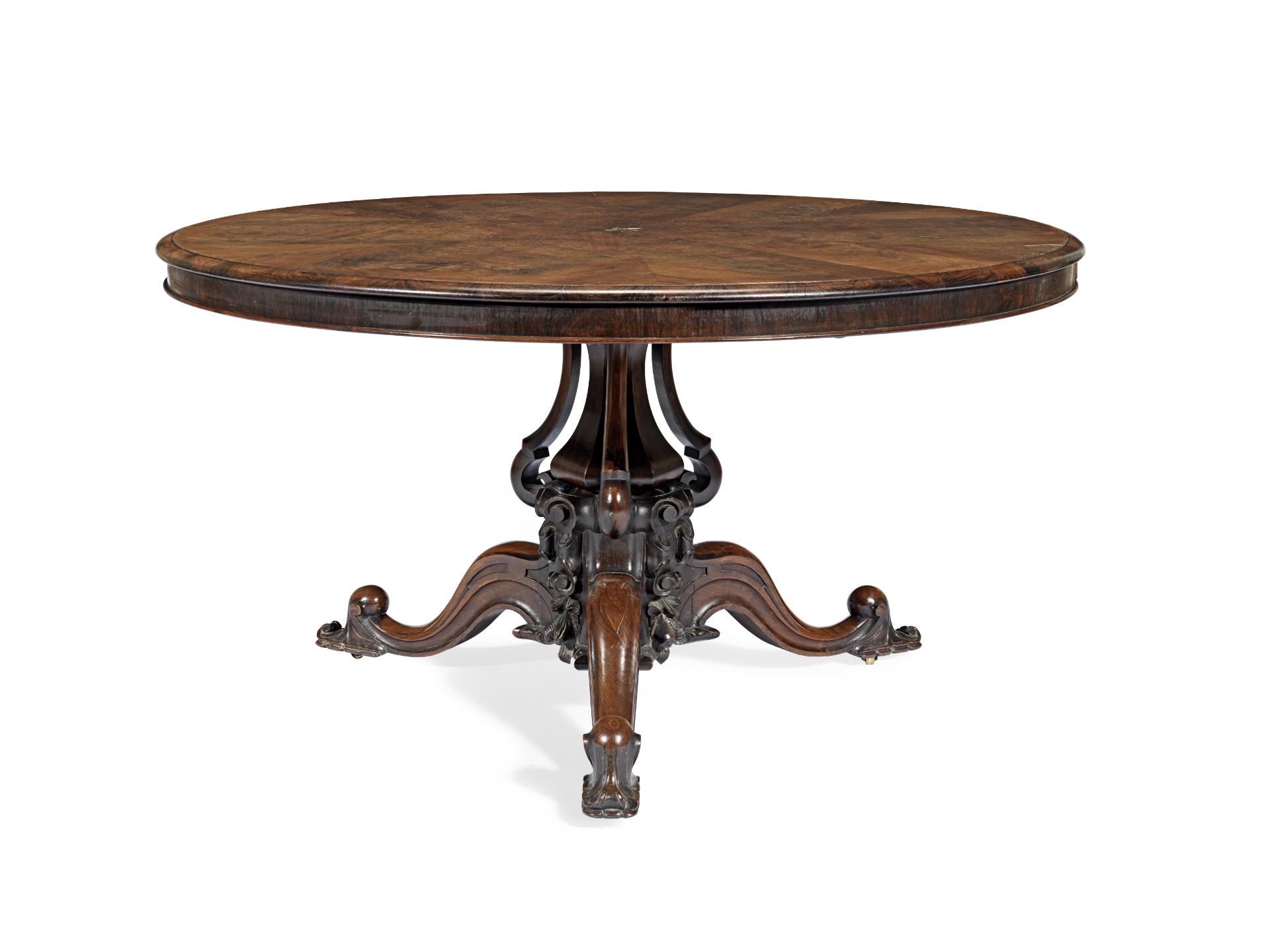 A large early Victorian Rococo revival carved rosewood breakfast table dated 1847