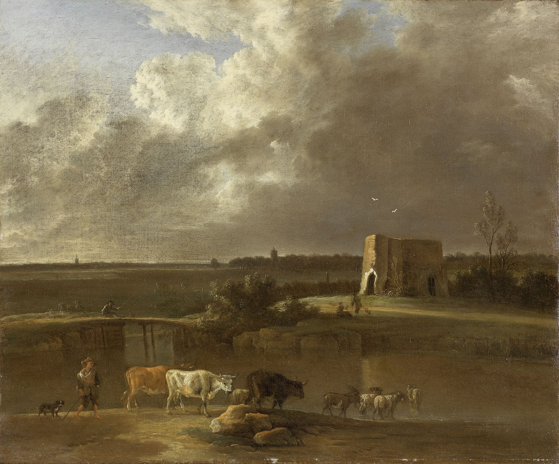 Attributed to Jan Vincentsz. van der Vinne (Haarlem 1663-1721) A drover with his flock crossing a...