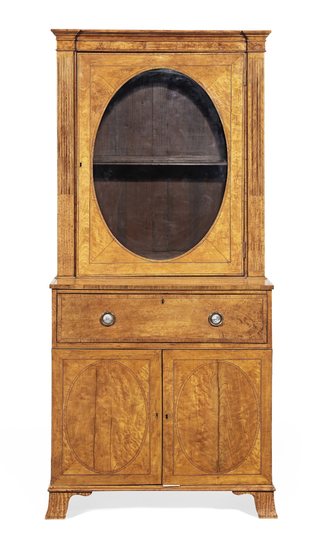 A George III satinwood, rosewood crossbanded and purple wood secretaire display cabinet