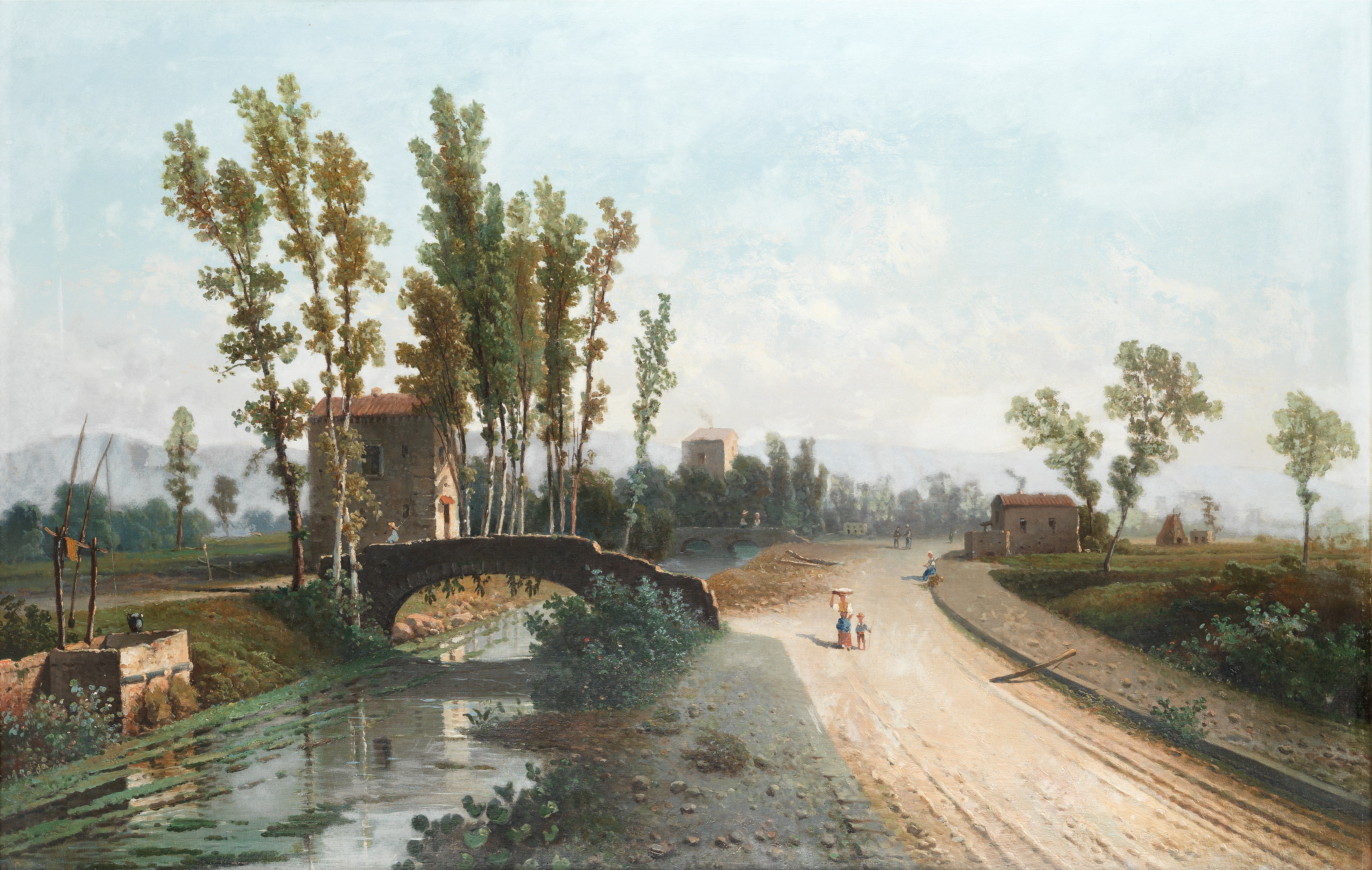 Raimondo Scoppa (Italian, born 1820) Italianate landscape with figures on a riverside road