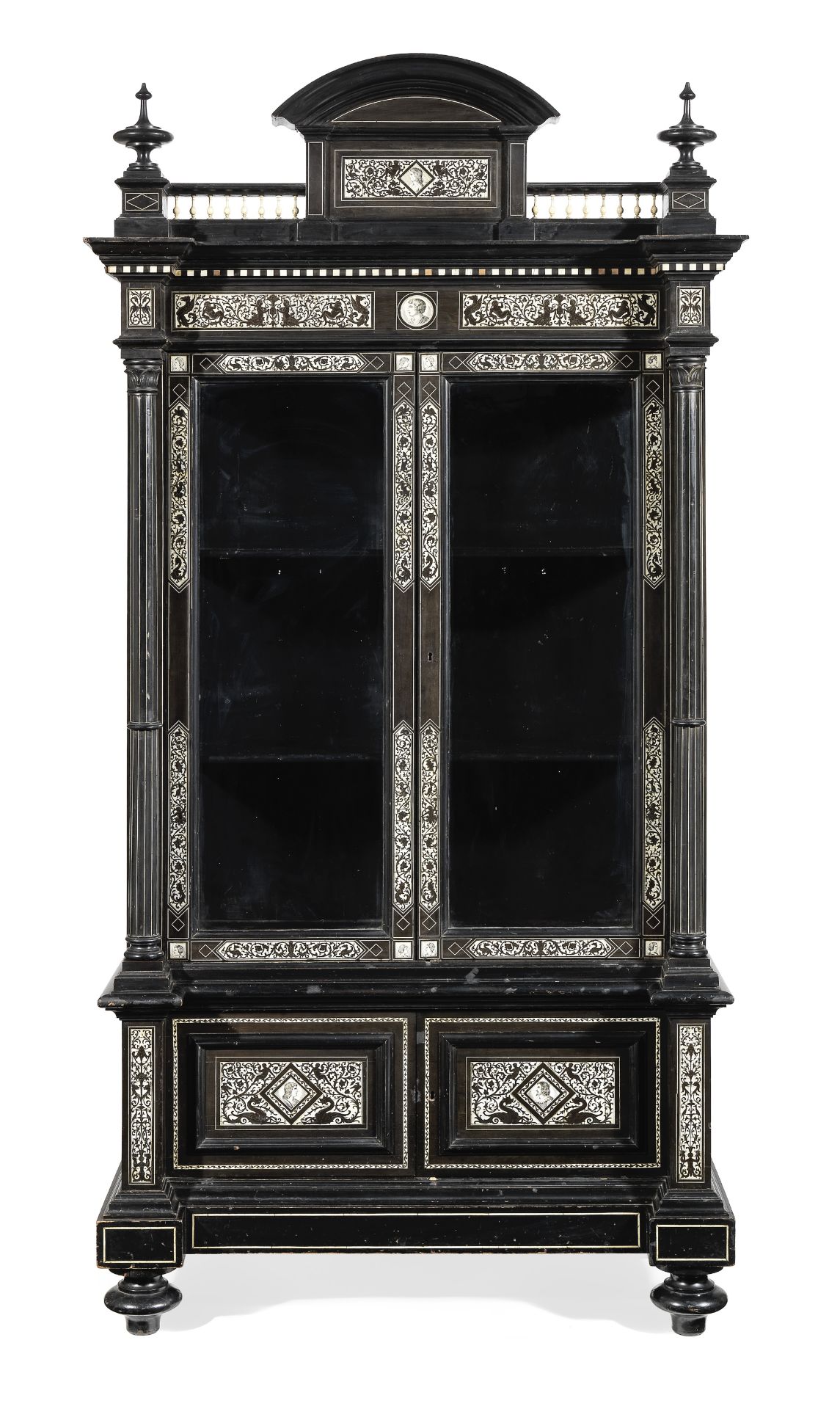 An Italian late 19th century Renaissance revival ivory marquetry ebony and ebonised display cabinet