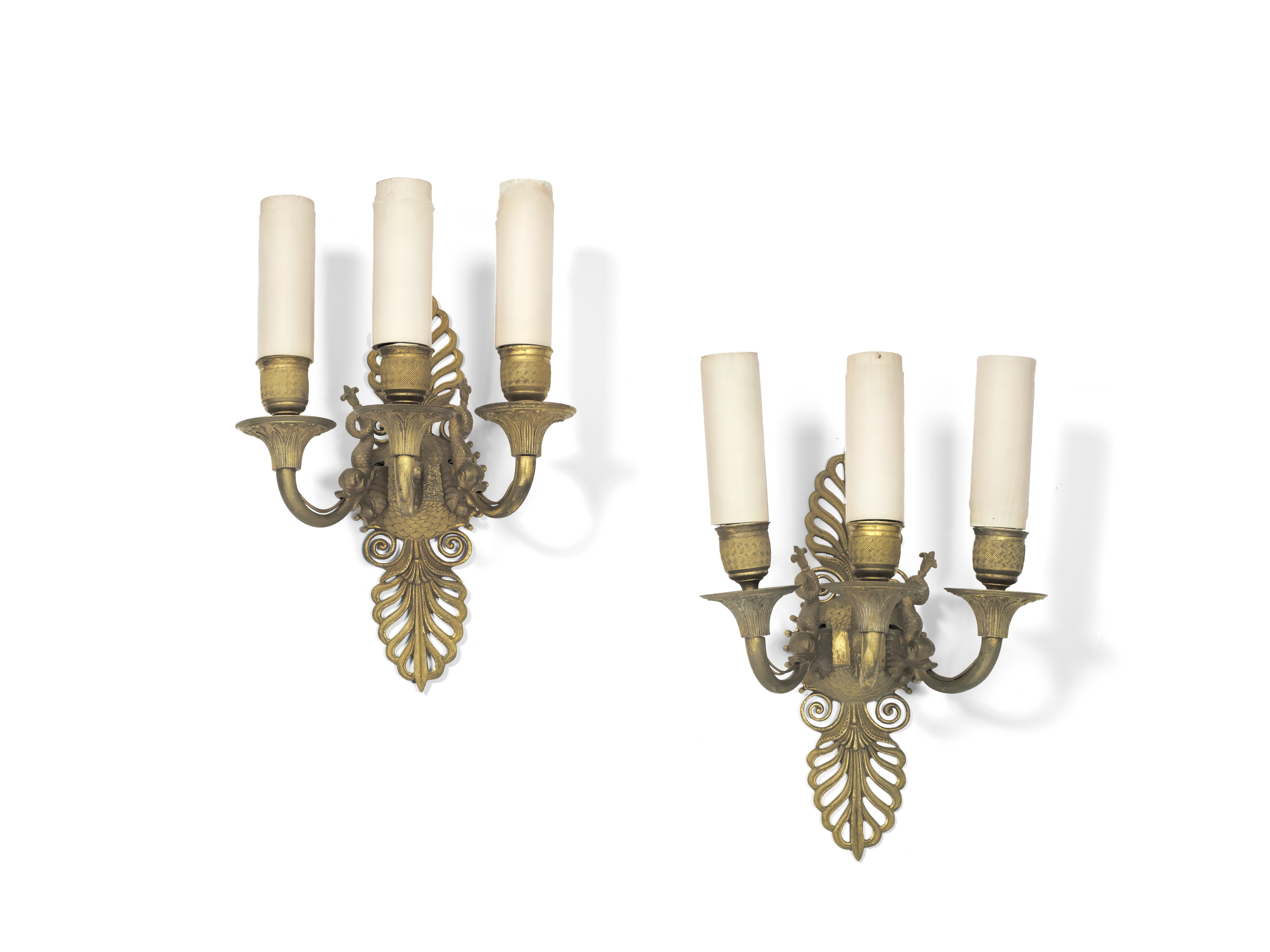 A pair of French Empire gilt bronze three light wall appliques (2)