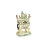 A famille verte biscuit incense burner, cover and stand 19th century