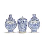 A pair of blue and white moonflasks and a blue and white 'dragon' jar and cover 19th Century (4)