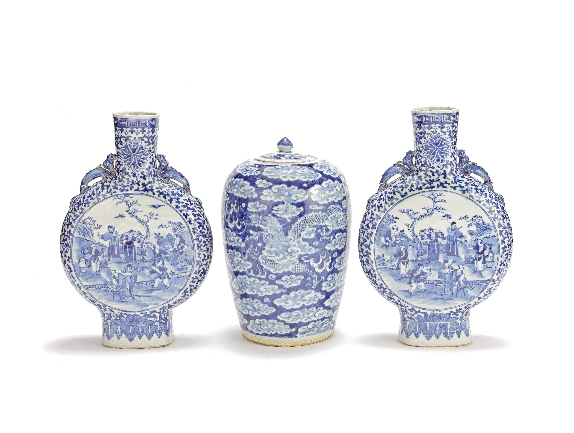 A pair of blue and white moonflasks and a blue and white 'dragon' jar and cover 19th Century (4)