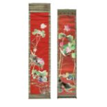 Two silk embroidered scrolls of mandarin ducks Republic Period (2)
