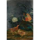 A large export reverse glass mirror painting (18th century) Cockerel and Hens