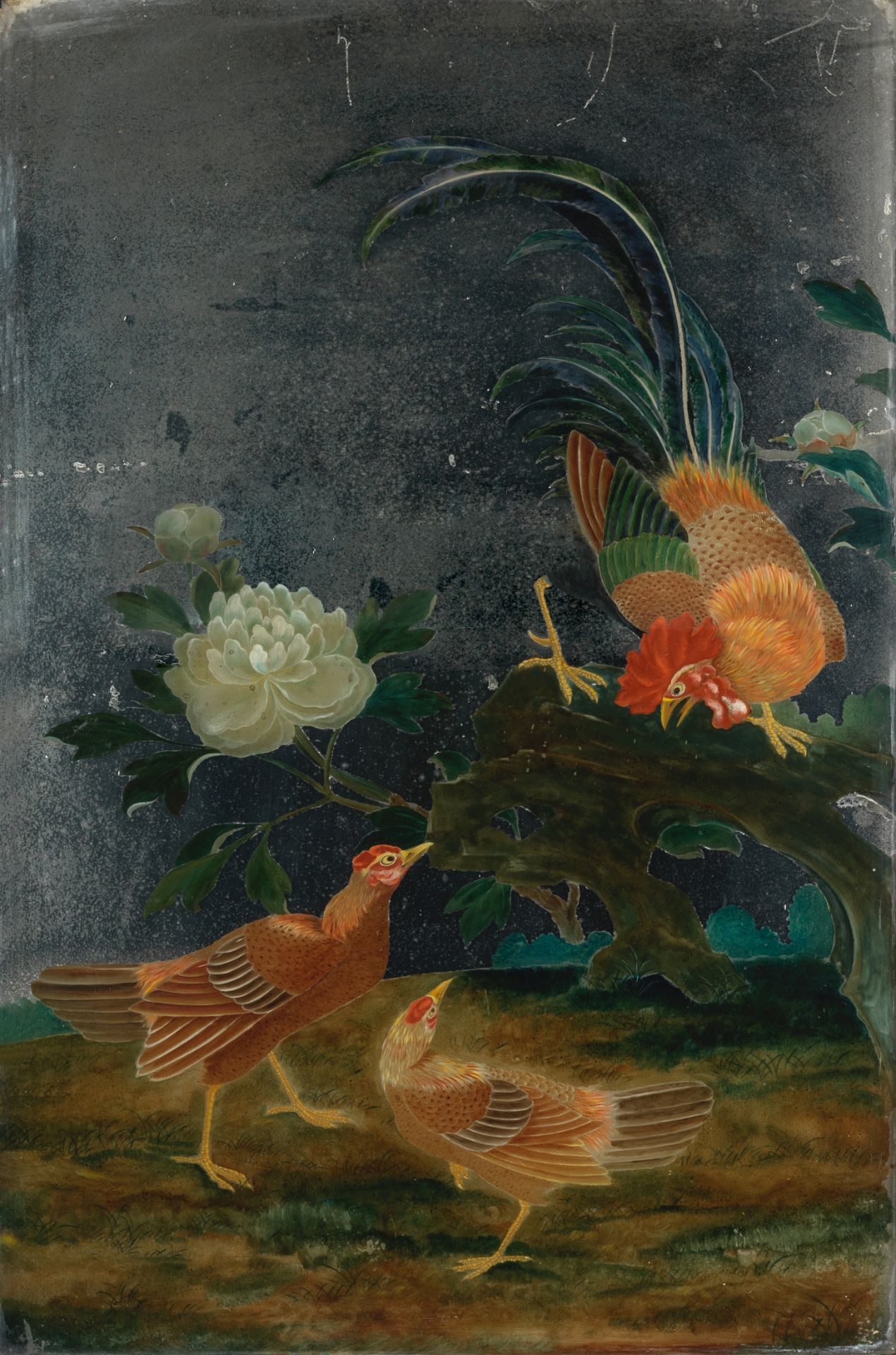A large export reverse glass mirror painting (18th century) Cockerel and Hens