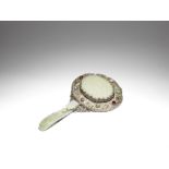 A pale green jade-mounted and embellished silver hand mirror Late Qing Dynasty