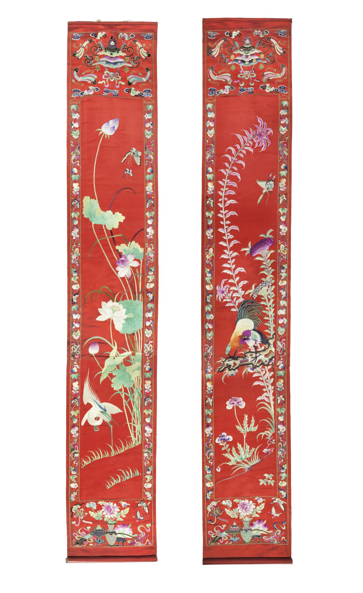 A pair of embroidered silk 'birds and flowers' scrolls Republic Period (2)