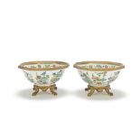 A pair of gilt-bronze mounted famille verte octagonal bowls The porcelain, Kangxi (2)