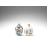 A famille rose figural snuff bottle and a famille rose moulded snuff bottle Iron red Daoguang and...