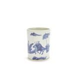 A blue and white cylindrical brushpot, bitong Qianlong six-character mark, late Qing Dynasty