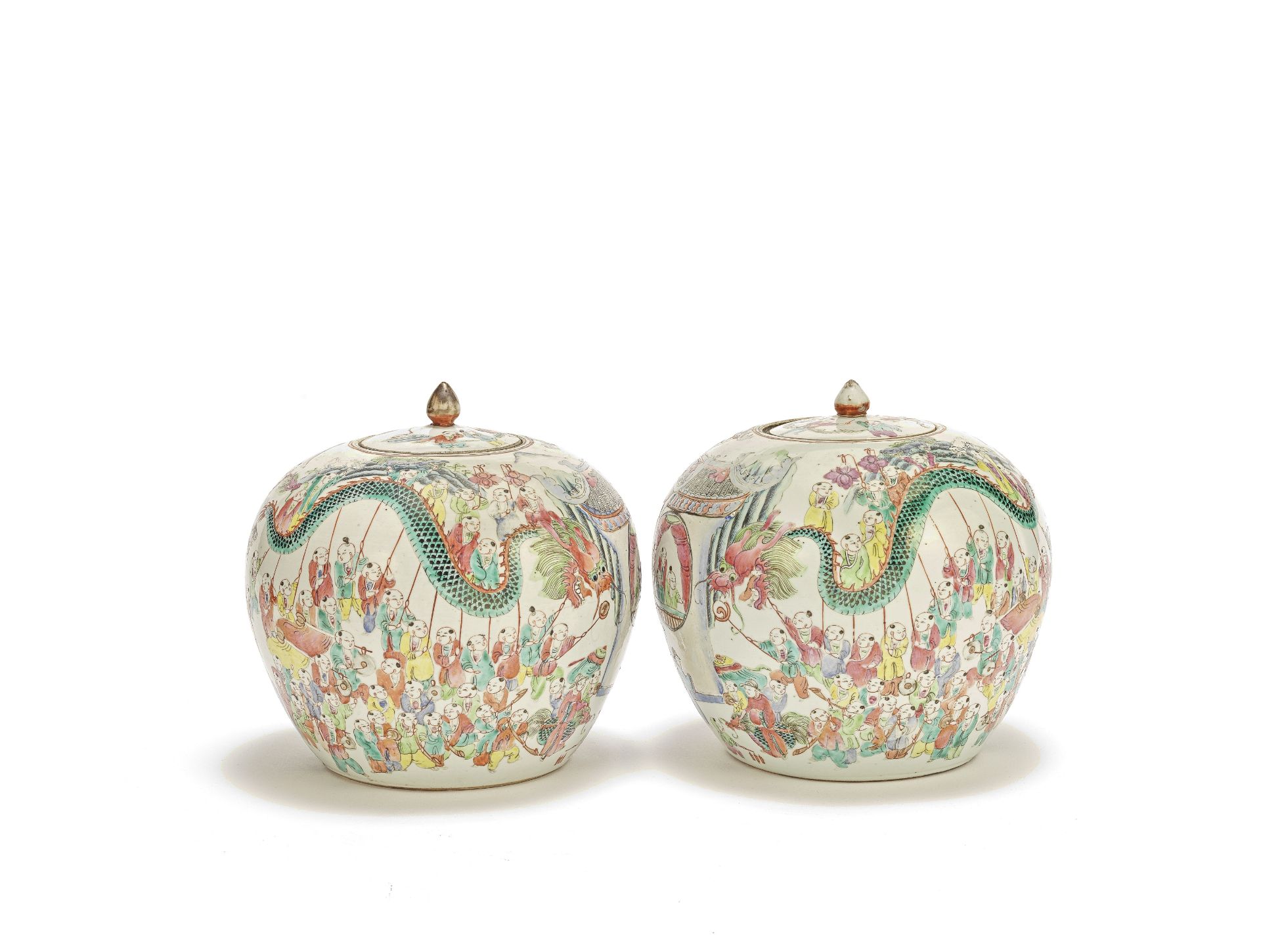 A pair of famille rose 'boys' jars and covers Late Qing Dynasty (4)