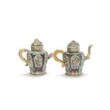 Two famille verte biscuit reticulated ewers and covers Kangxi (2)
