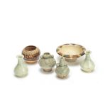A group of miniature vessels, including a sancai glazed stem dish Tang to Song/Yuan Dynasty (6)