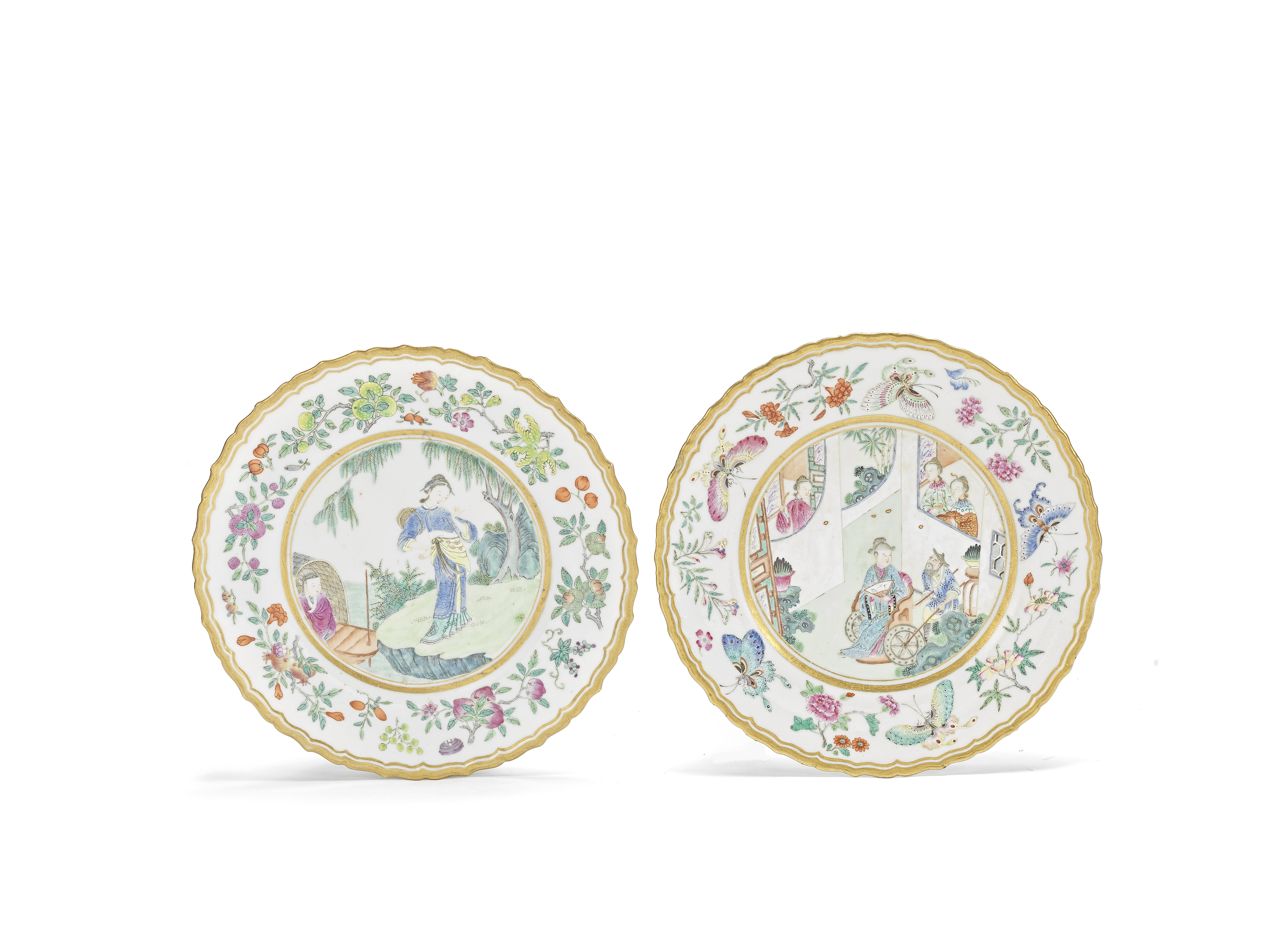 A pair of famille rose foliate rimmed dishes Iron-red Jiaqing seal marks and of the period (2)
