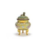 A famille verte biscuit tripod incense burner and reticulated cover Kangxi seal mark, late Qing/R...