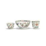 A famille verte bowl and two tea bowls Kangxi
