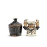 A Cizhou incense burner and a Henan black and russet glazed bottle Jin/Yuan Dynasty (2)