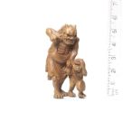 A late wood okimono-style netsuke of Raiden and Raitaro Late 19th century