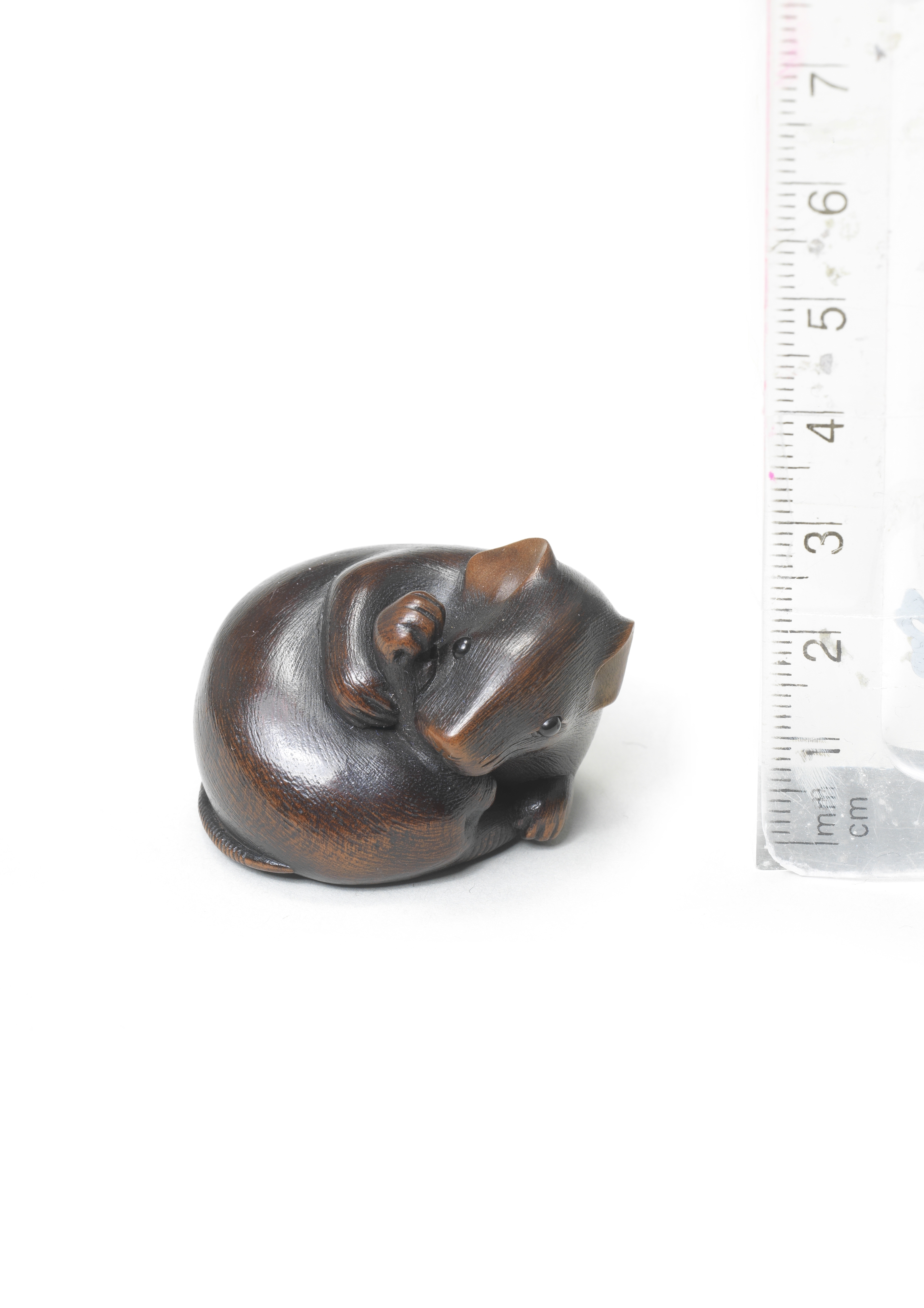 A wood netsuke of a rat with its head turned back By Ikkan (1817-1893), Nagoya, mid-19th century