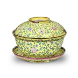 A painted enamel yellow-ground bowl, cover and stand 18th century (3)