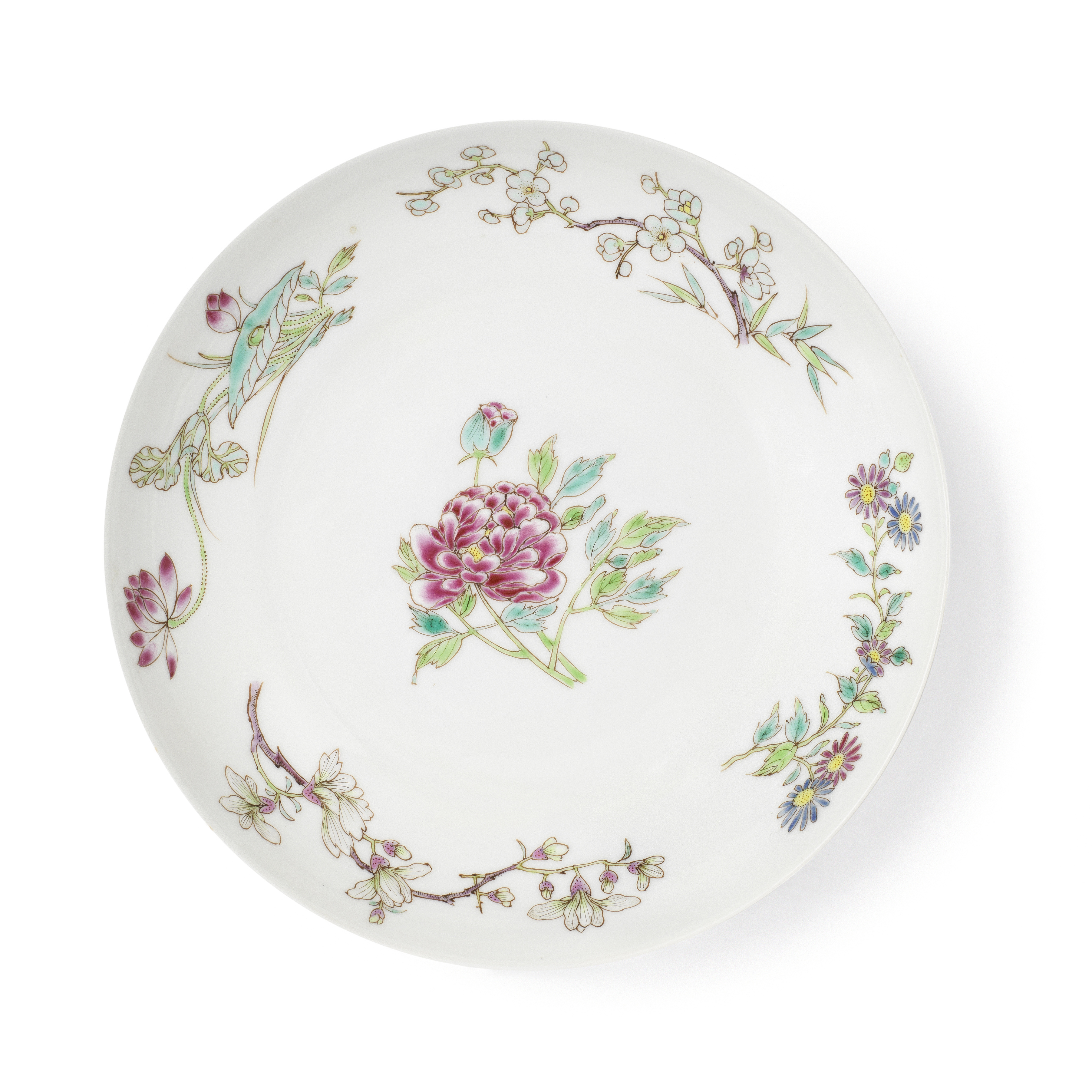 A rare famille rose 'floral sprays' dish Yongzheng six-character mark and of the period, the enam...