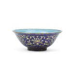 A painted enamel gilt-decorated blue-ground enamelled 'lotus' bowl Qianlong four-character seal ...