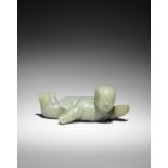 A rare large green and russet jade 'boy' brush rest 17th century