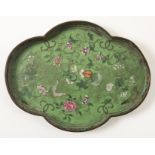 An Imperial-Tribute painted enamel famille rose lime-green ground tray Qianlong red-enamelled fou...