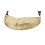 A scrimshawed whale's tooth from the whaler Henrietta, mid 19th century 7 1/2in (19cm) long